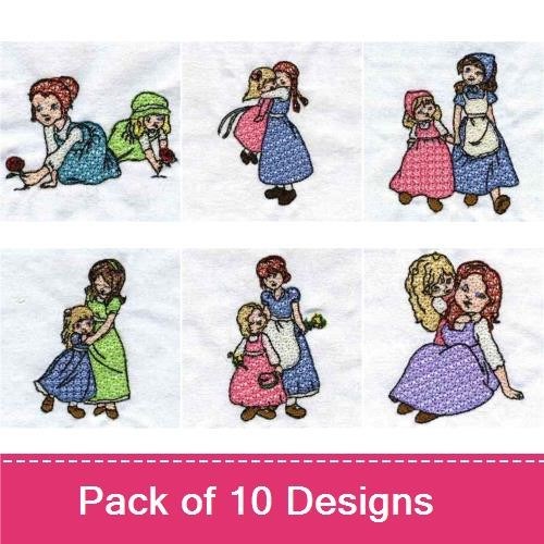 Girls Friendship Embroidery Designs Bundle – Girls Embracing, Girl with Blonde Braid, Girls Hugging & More (10 Designs)