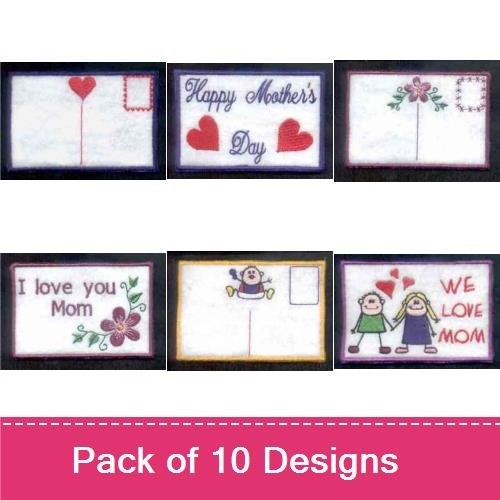 Mother's Day Postcard Embroidery Designs Bundle – Happy Mother's Day Card, Heart Balloon, Love You Mom Card & More (10 Designs)