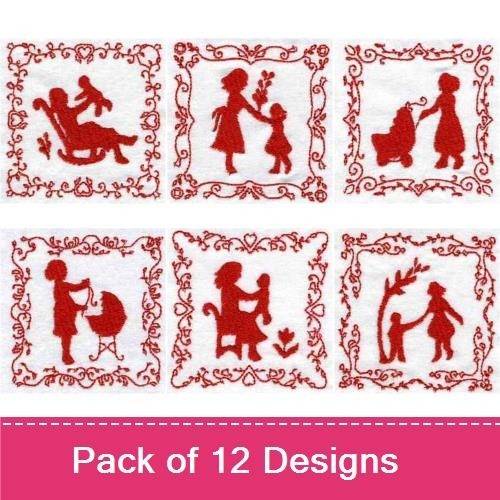 Redwork Mother and Child Silhouettes Embroidery Designs Bundle – Mother with Baby, Kissing, Reading & More (12 Designs)