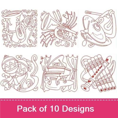 Redwork Musical Instruments Embroidery Designs Bundle – Trombone, Trumpet, Harp, Drum & More (10 Designs)