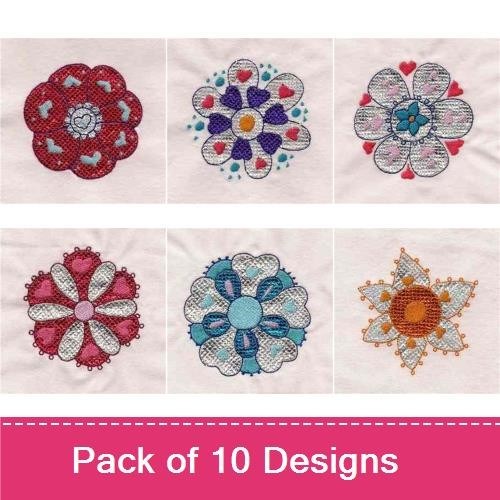 Colorful Heart Flower Embroidery Designs Bundle – Floral Heart with Blue Centers, Multi-Color Flower, & More (10 Designs)