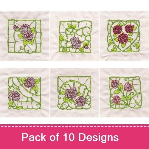 Rose Garden Embroidery Designs Bundle – Rose Square, Rose with Vines, Cluster of Roses & More (10 Designs)
