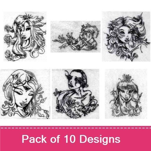 Redwork Whimsical Women Embroidery Designs Bundle – Line Art Lady with Floral Hair, Elegant Woman with Accessories & More (10 Designs)