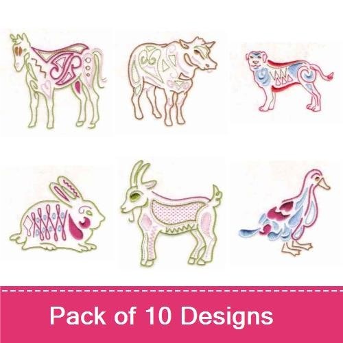Horse, Cow & Tiger Embroidery Bundle – Farm Animals (10 Designs)