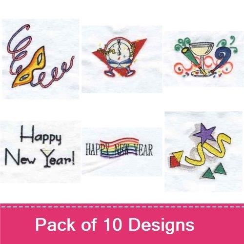 New Year Celebration Embroidery Designs Bundle – Toast with Wine Glasses, Party Hat, Cocktail Glass & More (10 Designs)