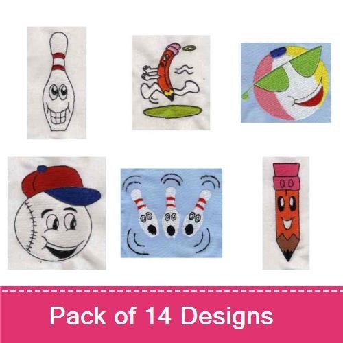 Fun Sports & School Supplies Embroidery Designs Bundle – Baseball with Face, Red Ball, Bowling Pin & More (14 Designs)
