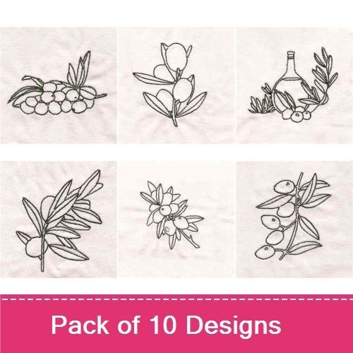 Redwork Olive Branch Embroidery Bundle – Olive with Leaves, Single Olive, Bottle with Olive Branch & More (10 Designs)