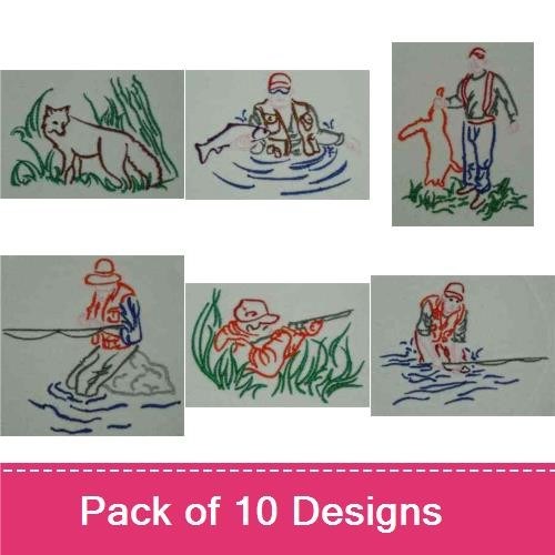 Redwork Hunting & Fishing Embroidery Designs Bundle – Fisherman, Hunter, Dog & More (10 Designs)