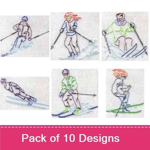 Redwork Skiing Action Figures Embroidery Pack – Skiing Figure 1, Skiing Figure 2, Skiing Figure 3 & More (10 Designs)