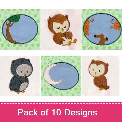 Owls and Nature Embroidery Designs Bundle – Gray Owl, Black Owl, Moon Scene & More (10 Designs)