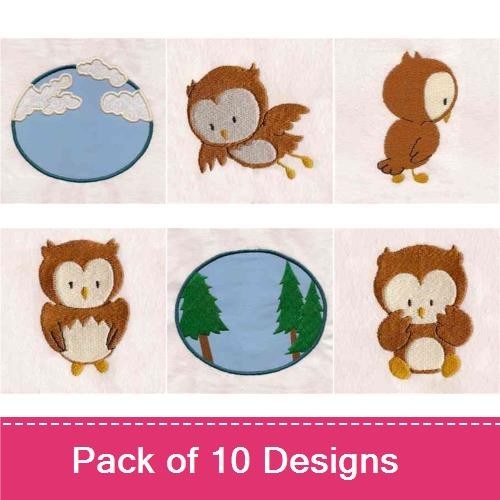 Cute Owl & Nature Embroidery Designs Bundle – Brown Owl, Owl Peeking, Owl and Moon Scene & More (10 Designs)