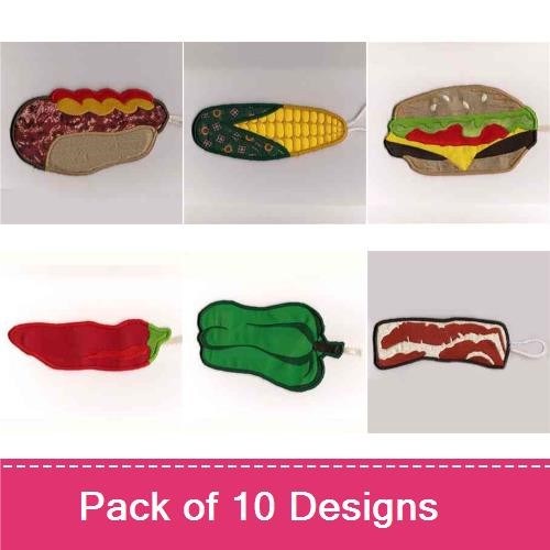 Applique Food-themed Embroidery Bundle – Hamburger, Hot Dog, Corn on the Cob & More (10 Designs)