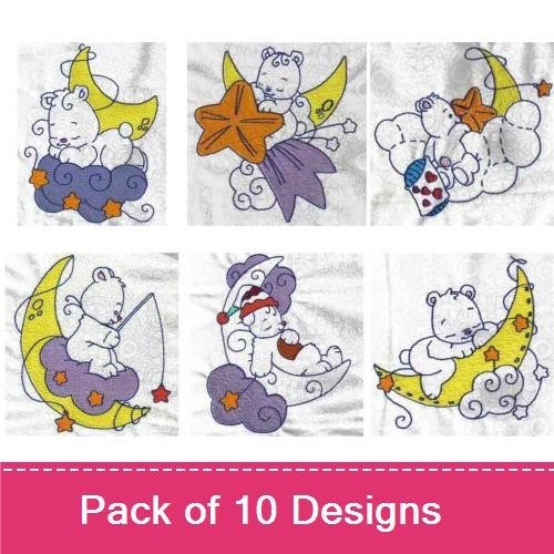 Sleepy Moon Bears Embroidery Designs Bundle – Bear on Moon with Stars, Bear Sleeping on Cloud & More (10 Designs)