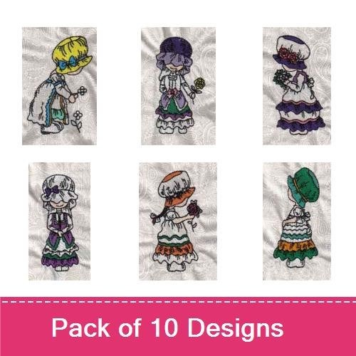 Vintage Little Girls Embroidery Designs Bundle – Girl with Hat and Rose, Girl in Green Dress, Girl with Purple Flowers & More (10 Designs)