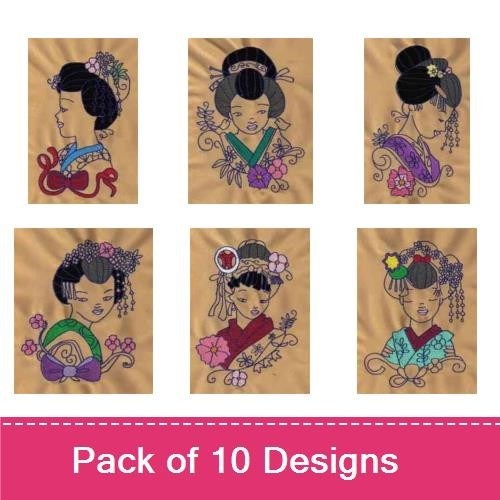 Geisha Portraits Embroidery Designs Bundle – Geisha with Flowers, Geisha with Fan, Geisha Playing Shamisen & More (10 Designs)