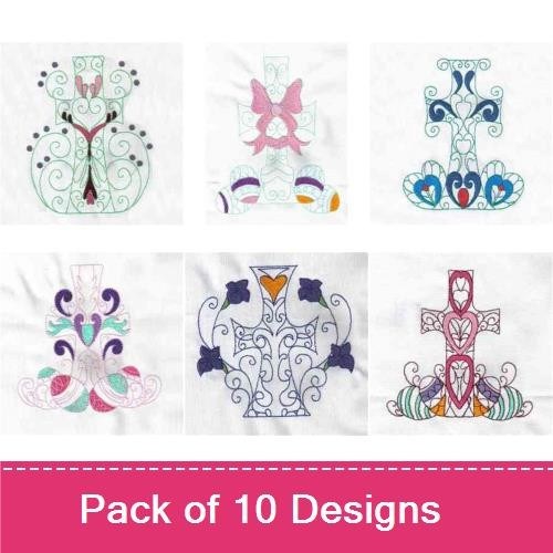 Elegant Cross Embroidery Designs Bundle – Elegant Swirl Cross with Hearts, Floral Cross with Butterflies, & More (10 Designs)