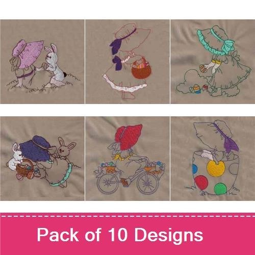 Easter Girls Embroidery Designs Bundle – Girl with Bunny, Girl with Basket, Girl with Flowers & More (10 Designs)