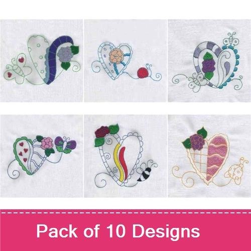 Whimsical Hearts Embroidery Designs Bundle – Heart with Caterpillar, Heart with Candy, Heart with Flowers & More (10 Designs)