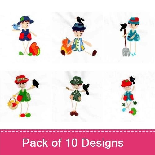 Applique Playful Kids with Birds Embroidery Designs Bundle – Boy with Pumpkin, Girl with Bird, Boy with Hat & More (10 Designs)