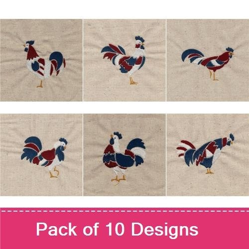 Farm Animal Embroidery Bundle – Rustic Rooster Standing, Rooster with Shimmering Feathers, & More (10 Designs)