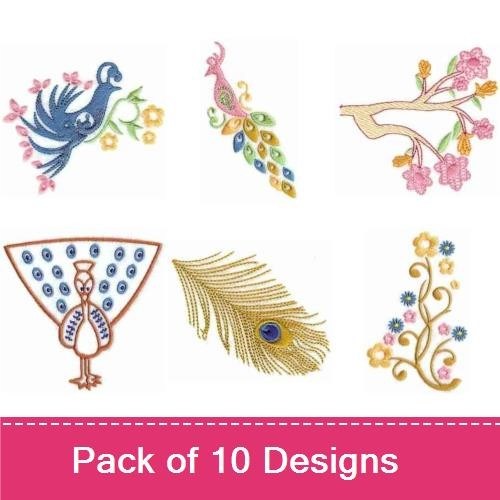 Elegant Birds & Floral Embroidery Designs Bundle – Peacock with Flowers, Bluebird with Floral Accents & More (10 Designs)