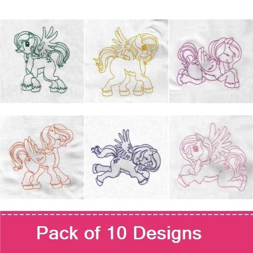 Redwork Winged Pony Embroidery Designs Bundle – Colorful Ponies with Distinctive Wings (10 Designs)