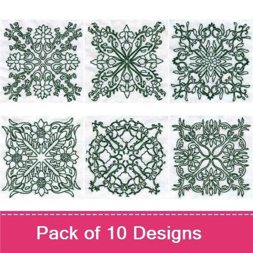 Redwork Elegant Floral Squares Embroidery Designs Bundle (10 Designs)