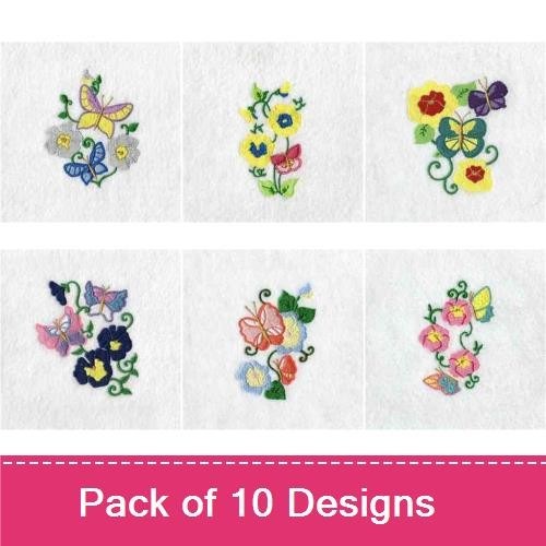 Butterfly & Floral Embroidery Designs Bundle – Blue Butterfly with Flowers, Vibrant Floral Bouquet, & More (10 Designs)