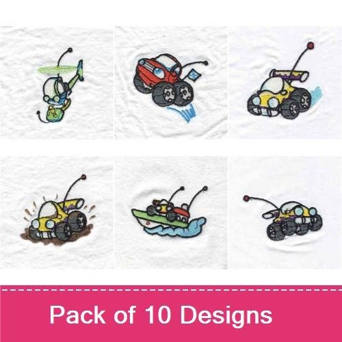 RC Vehicles Embroidery Designs Bundle – Red RC Car, Blue RC Boat, RC Monster Truck & More (10 Designs)
