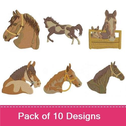 Farm Animal Embroidery Bundle – Horse Head Portrait, Horse with Halter, Horse Trotting & More (10 Designs)