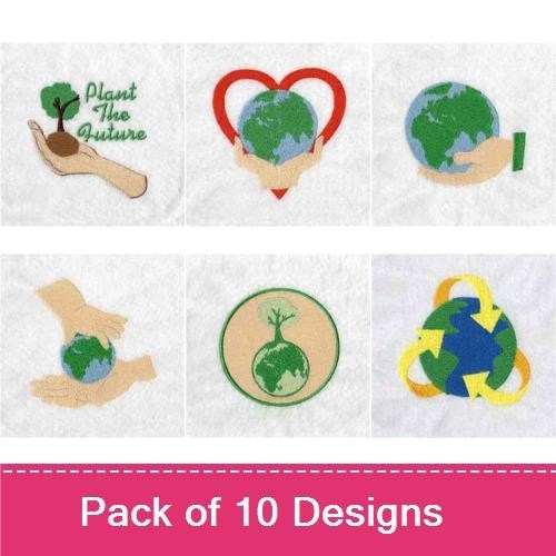 Earth and Recycling Embroidery Designs Bundle – Globe with Hands, Heart with Globe, Recycle Symbol & More (9 Designs)