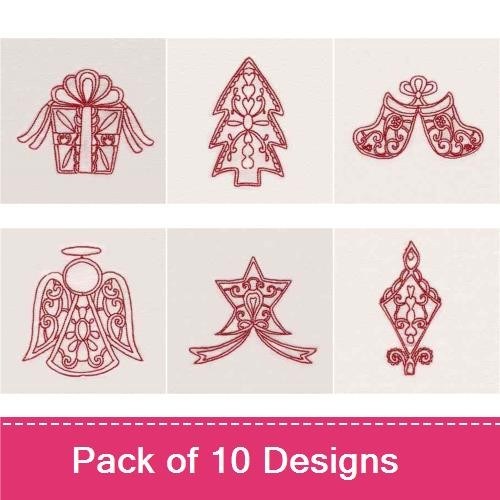 Redwork Christmas Ornaments Embroidery Designs Bundle – Star, Holly, Bell & More (10 Designs)
