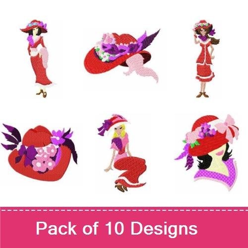 Red Hat Ladies Embroidery Bundle – Elegant Lady with Red Hat, Lady in Red Dress, & More (10 Designs)