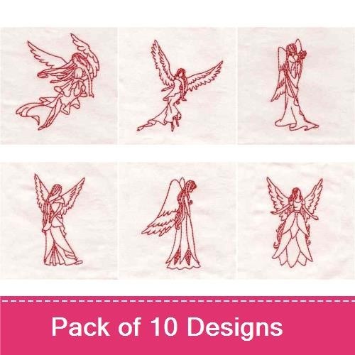 Redwork Elegant Angel Embroidery Bundle – Angel with Wings, Sitting Angel, Angel Holding a Star & More (10 Designs)