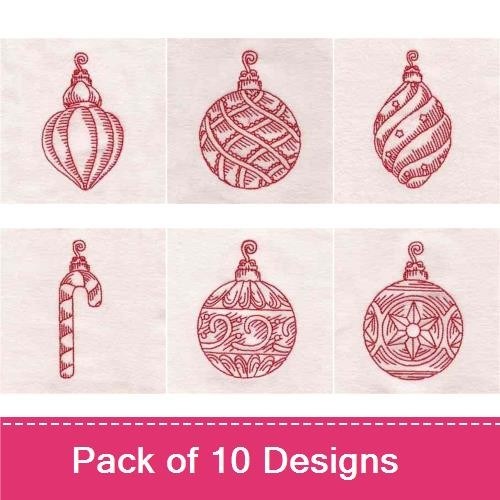 Redwork Christmas Ornament Embroidery Designs Bundle – Ornament with Star, Bell Ornament, Striped Bauble & More (10 Designs)