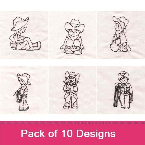 Redwork Cowboy Kids Embroidery Designs Bundle – Cowboy Kid with Lasso, Cowboy Kid Sitting & More (10 Designs)