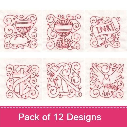 Redwork Religious Symbols Embroidery Designs Bundle – JHS Monogram, Decorative Chalice, Sacred Heart & More (12 Designs)