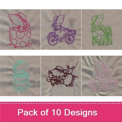 Redwork Vintage Sunbonnet Sue Embroidery Designs Bundle – Sue in Pot, Sue with Cat, Sue Reading & More (10 Designs)