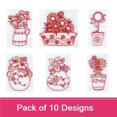 Redwork Floral Vessels Embroidery Designs Bundle – Floral Vase with Flowers, Flower Pot with Sunflowers & More (10 Designs)