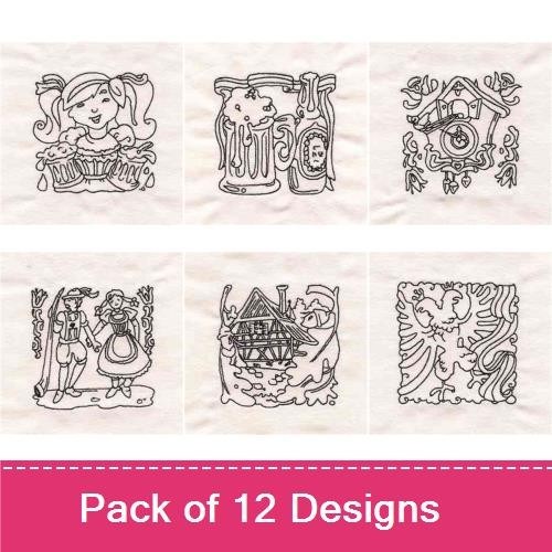 Redwork Bavarian Folk Art Embroidery Designs Bundle – Bavarian Couple, Beer Stein, Floral Border & More (12 Designs)