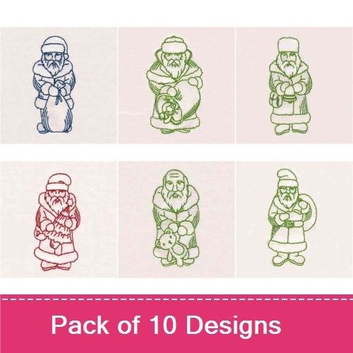 Redwork Vintage Santa Claus Embroidery Designs Bundle – Santa with Present, Santa with Bag, Santa with Toys & More (10 Designs)