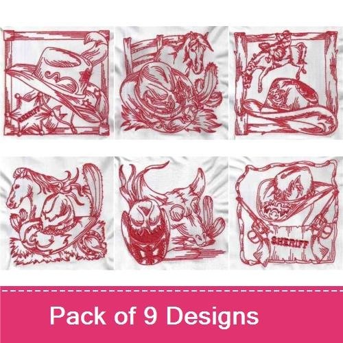 Redwork Western Cowboy Embroidery Designs Bundle – Cowboy Hat, Bull Skull, Lasso & More (9 Designs)