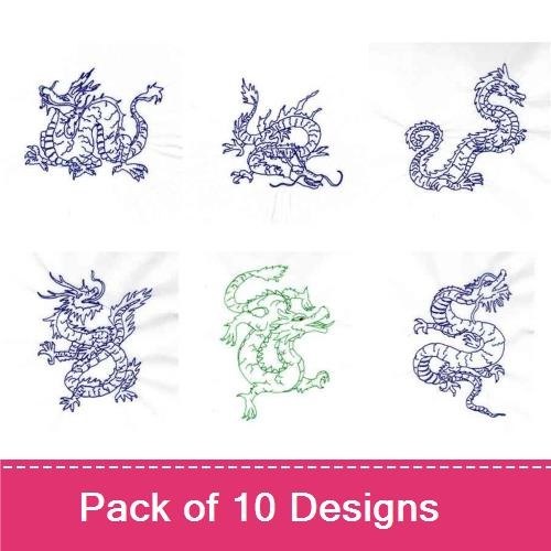Redwork Oriental Dragon Embroidery Designs Bundle – Dragon in Clouds, Flying Dragon, & More (10 Designs)