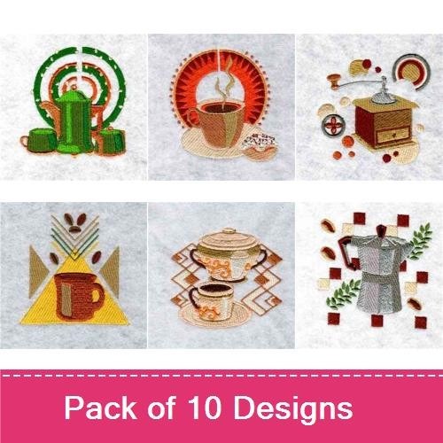 Vintage Coffee and Tea Embroidery Designs Bundle – Teapot, Iced Coffee, Gingerbread Cup & More (10 Designs)