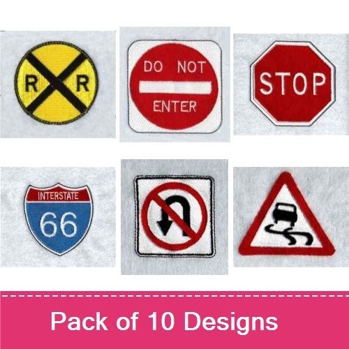 Road Signs Embroidery Designs Bundle – Interstate 66, Railroad Crossing, Stop Sign & More (10 Designs)