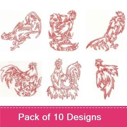 Redwork Rustic Roosters Embroidery Bundle – Standing Rooster, Crowing Pose, Rooster on a Log & More (10 Designs)