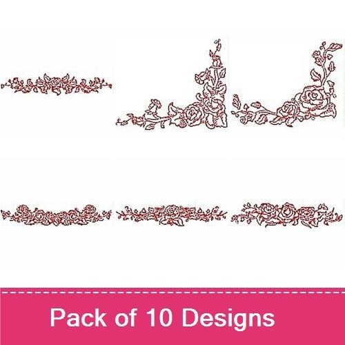 Redwork Floral Borders Embroidery Bundle – Roses, Vines, Leaves & More (10 Designs)