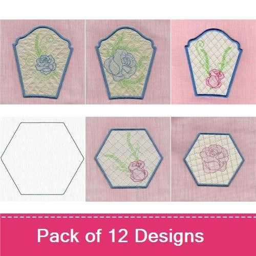 Quilted Rose Motifs Embroidery Designs Bundle – Rose Motif with Blue Outline, Floral Motif with Pink Outline & More (12 Designs)