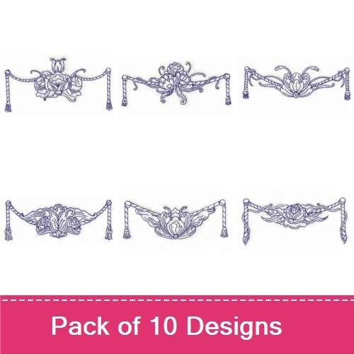 Redwork Floral Embroidery Designs Bundle – Floral Border with Drapes, Floral Frame with Leaves, & More (10 Designs)