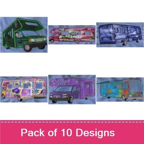 Applique Colorful RV and Camper Embroidery Bundle – Teal RV, Orange Camper, Purple Camper & More (10 Designs)